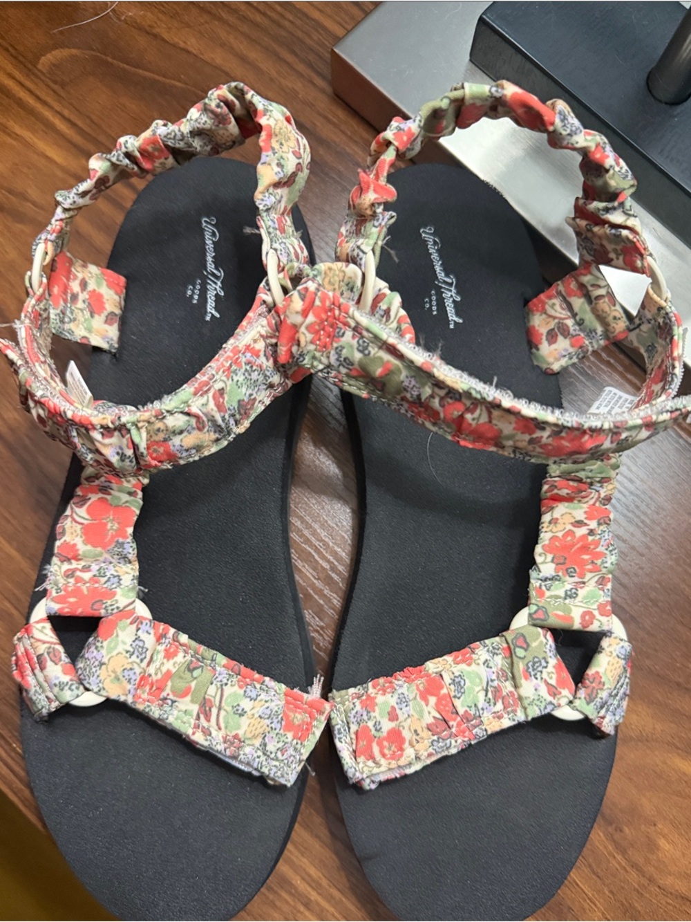 Universal Thread Coral Floral Strap Sandals with Black Footbed